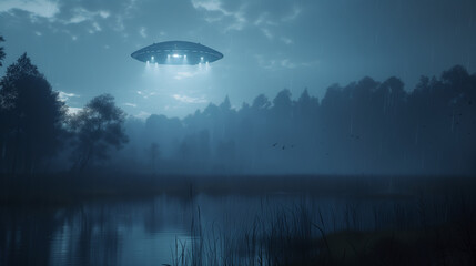 Sighting of an alien flying saucer with lights at night over a lake or pond with trees from a forest in the background and a sky with clouds - paranormal phenomena