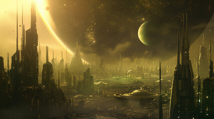 Futuristic cityscape with towering skyscrapers, illuminated under a golden sky with planets, showcasing an advanced civilization in space
