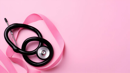 Obraz na płótnie Canvas Stethoscope and pink ribbon on a pink background. top view