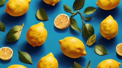 Close-up shot of ripe lemons arranged in a trendy summer food pattern