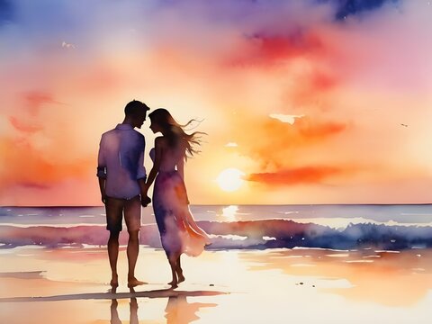 Silhouette of a romantic happy couple enjoying the sunset on the beach, watercolor