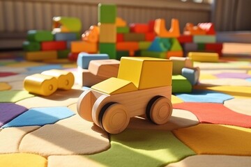Beautiful wooden toys, bricks scattered on the carpet in the playroom on a sunny day