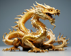 Golden dragon statue isolated on white background. 3d render illustration.