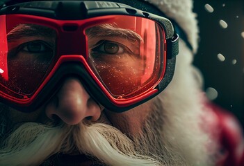 Close up of Santa Claus Wearing Red Snowboarding Goggles. Generative ai