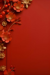 Paper flowers on red background. Greeting card. Copy space.