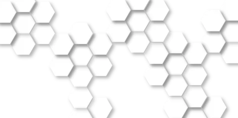 Fotobehang Abstract background with hexagonal geometric hexagon polygonal pattern background. 3d seamless bright white web cell and triangle abstract honeycomb background. white and gray backdrop wallpaper.  © MOHART PARK