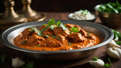 A steaming plate of butter chicken, adorned with fresh cilantro leaves, served alongside warm,...