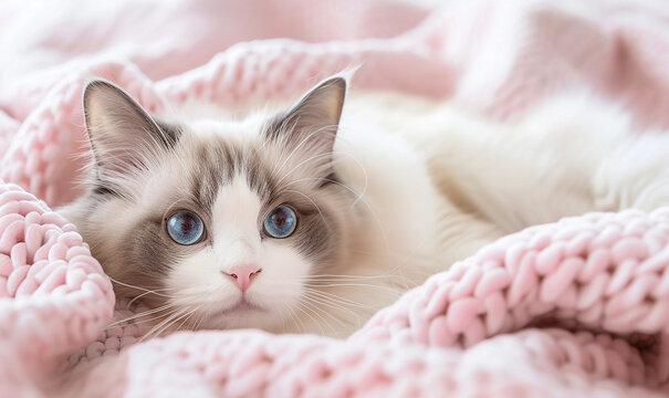 Close-up shot of cute Ragdoll cat, pink and white background.
