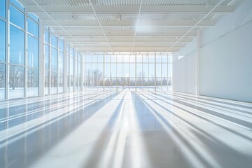 A large white room with sunlight streaming through the glass windows.