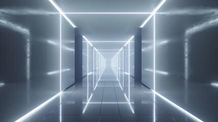 An artificial reflection and light lines in an empty hallway.