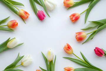Tulips of different colors on white background, top view