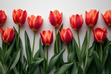 Fototapeta premium Many red tulips on white background. Spring concept. International Women's Day. Flower wallpaper