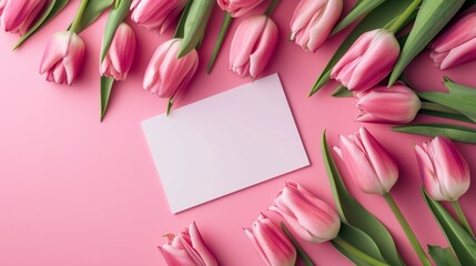 Blank Card Mockup with Pink Tulips on Pastel Background