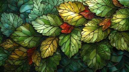 Stained glass window background with colorful Leaf and Flower abstract.