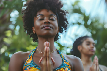 Calm serene sporty young african american ethnic woman meditate sit namaste eyes closed doing breathing exercises practice relaxing at outdoor group multiethnic yoga class in morning sunrise light.