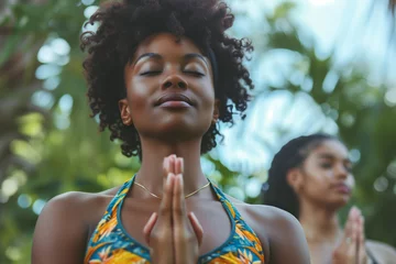 Poster Calm serene sporty young african american ethnic woman meditate sit namaste eyes closed doing breathing exercises practice relaxing at outdoor group multiethnic yoga class in morning sunrise light. © missty