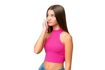 Teenager caucasian girl over isolated background is a little bit nervous