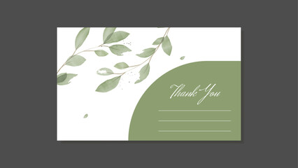 Thank You Card, Business Card. Design in Rustic Style with Green Watercolor Leaves. Vector