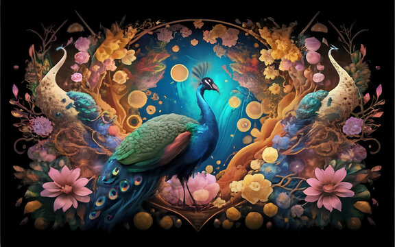 3D Interior wall art Décor with Peacock Wallpaper Illustration Background Exotic Oriental Design Mural Painting. generative Ai