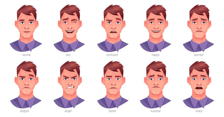Facial expressions and emotions of man personage. Vector isolated character with sad neutral and silly, confused and happy, worried and disgust, anger and bored, surprise and scary faces