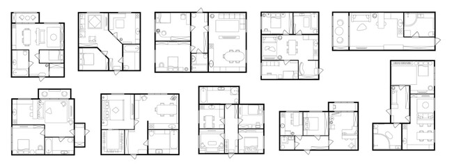Interior design and planning of apartment, house or studio. Vector flat cartoon, isolated floor plans top view with furniture and rooms. Schematic representation of home, condominium or dwelling © Sensvector
