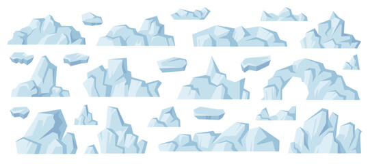 Side view of icebergs, isolated arctic rocks formation with ice and icicles, snow and snowy masses. Vector flat cartoon, piece of freshwater ice side view. Design for ocean or sea landscape