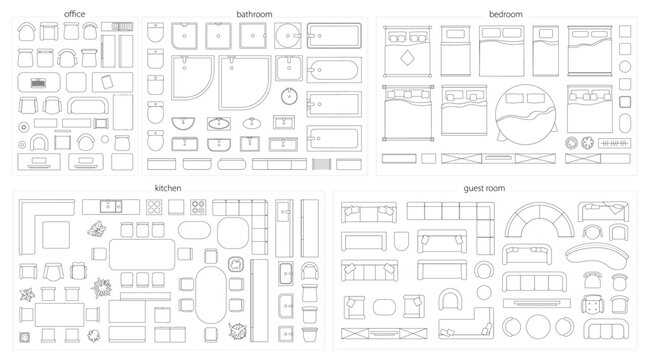 Furniture for home design grouped by room. Vector flat cartoon, isolated objects for plan. Office and bathroom, bedroom and kitchen, guest or living space furnishing and decor pieces set