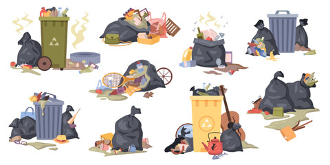 Overflow dump dirty food, rotten litter and garbage in bins. Vector flat cartoon, isolated cans with household items and disposal from people. Accumulation dumpster with bad smell on street © Sensvector
