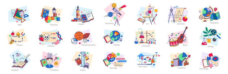 Disciplines and subjects at school, lessons and classes of math and English, physics and anatomy. Vector icon for education, philosophy and literature, history and geology, chemistry and music - obrazy, fototapety, plakaty