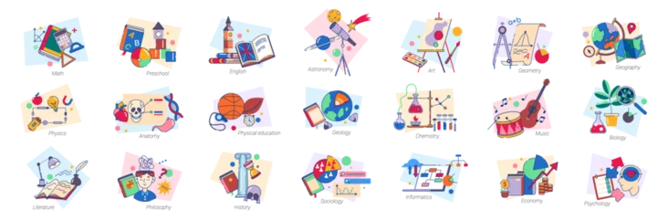Foto op Plexiglas Disciplines and subjects at school, lessons and classes of math and English, physics and anatomy. Vector icon for education, philosophy and literature, history and geology, chemistry and music © Sensvector