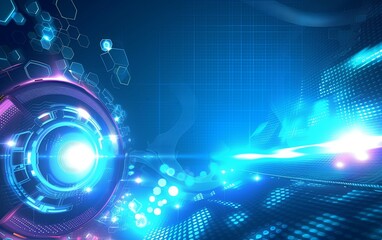 Obraz premium an animated blue technology background with futuristic objects, in the style of molecular, simplistic vector art, bokeh panorama, detailed scientific subjects, scientific accuracy, bright backgrounds.