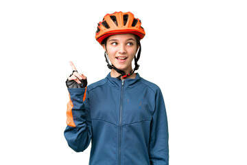 Teenager cyclist girl over isolated chroma key background intending to realizes the solution while lifting a finger up