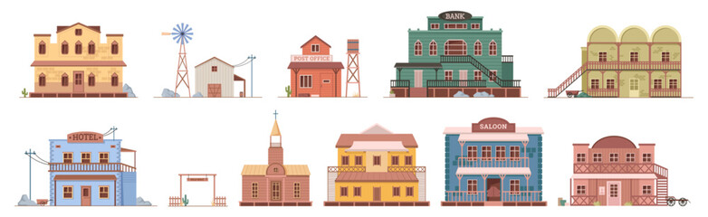 Wild west buildings exterior, isolated facades of wooden houses and homes. Vector flat cartoon, city street or infrastructure of American small town with cowboy culture or old traditions