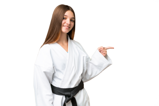 Teenager girl doing karate over isolated chroma key background pointing finger to the side - Powered by Adobe