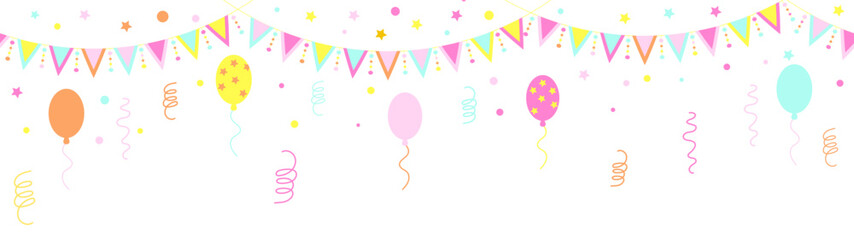 Vector seamless long background with flags garlands, balloons, confetti, streamer, isolated on a white.