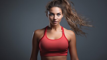 Healthy young woman preparing for a run. Fit female athlete ready for a spring over grey background with copy space.
