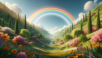 giant rainbow in a spring paradise landscape.