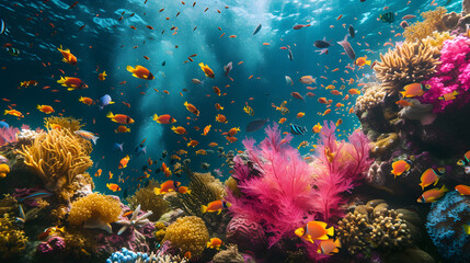 Fototapeta na wymiar Colorful coral reef with fishes and corals photo background