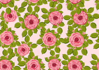 Seamless pattern with blooming roses. Vector floral illustration for postcard, poster, fabric, wrapping paper, decor etc. Flowers for spring and summer holidays.