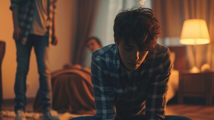 A teenage boy is sitting on the floor looking sad while his parents are arguing and fight