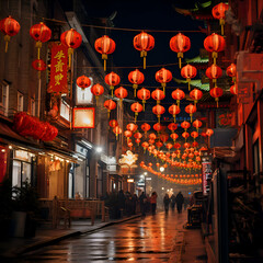 Chinese lanterns on the streets of Shanghai at night. China.