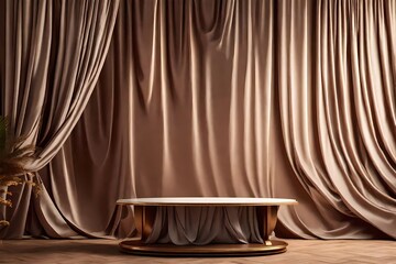 3D display podium, brown background with wood frame pedestal and flying silk cloth curtain. Nature wind. Beauty, cosmetic product presentation stand. Luxury feminine mockup 3d render advertisement © MISHAL