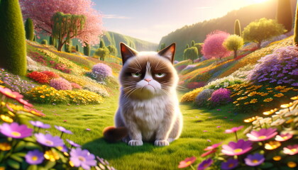 grumpy cat situated in a spring paradise landscape. - obrazy, fototapety, plakaty