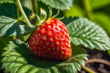 Close-up of a juicy strawberry, seeds glistening with dew, nestled among vibrant green leaves, overexposed background highlighting its vibrant red hue. Generative AI
