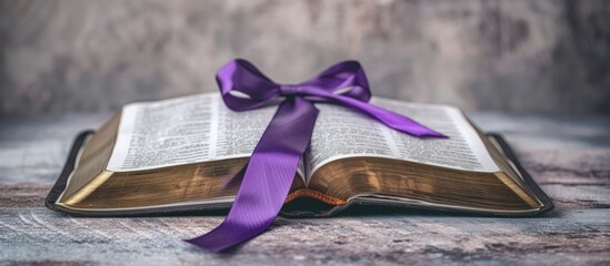 Open bible book with purple ribbon on wooden table. Generated AI image - obrazy, fototapety, plakaty