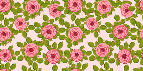 Seamless pattern with blooming roses. Vector floral illustration for postcard, poster, fabric, wrapping paper, decor etc. Flowers for spring and summer holidays.