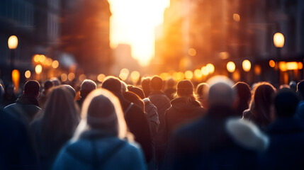 Busy street scene with crowds of people walking in the city at sunset. crowd of people in a shopping street, Busy street scene with crowds of people walking in the city.