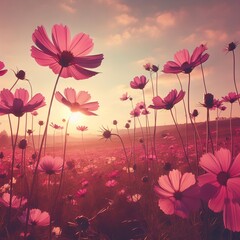 Pink of cosmos flower on field with the sky background
