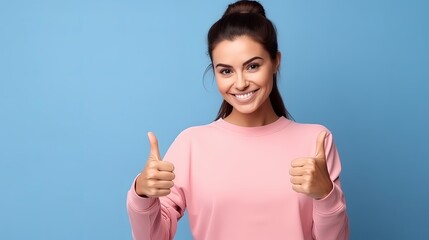 Young strong sporty athletic fitness trainer instructor woman wear blue tracksuit spend time in home gym show thumb up gesture blink isolated on pastel plain pink background. Workout sport concept.