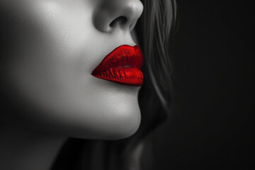 Glamour portrait of beautiful young female woman with red lips on black background. - obrazy, fototapety, plakaty